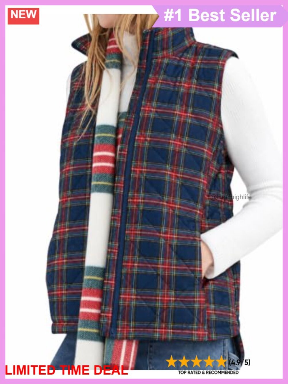 Quilted Plaid Puffer Vest Stand Collar Zip Up Sleeveless Jacket with Pockets